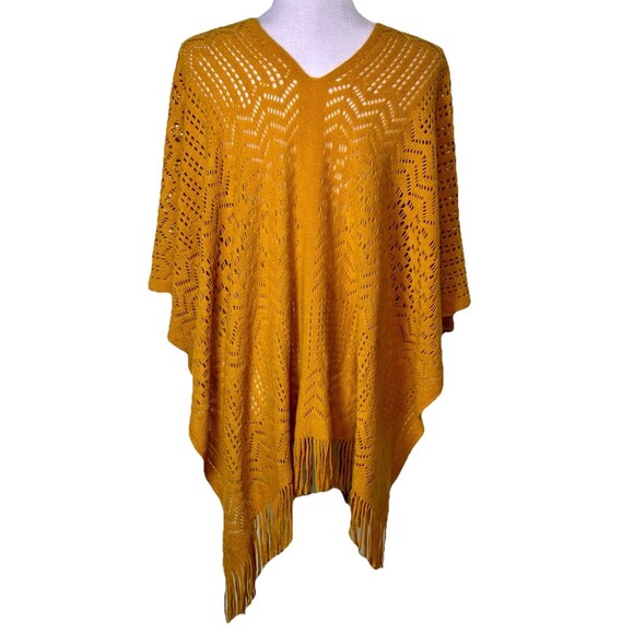 Women's Boho Open Knit Fringe Poncho Mustard Yellow Shawl Wrap Fall Layering OS - Picture 3 of 7